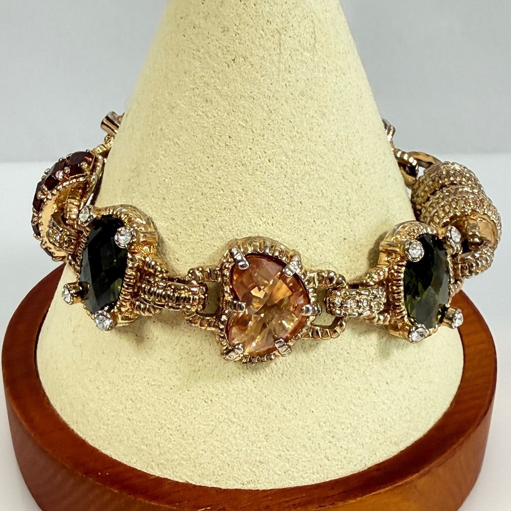 Vintage Jeweled Tone Rhinestone Bracelet Green Orange Magnetic Clasp 6.75"
